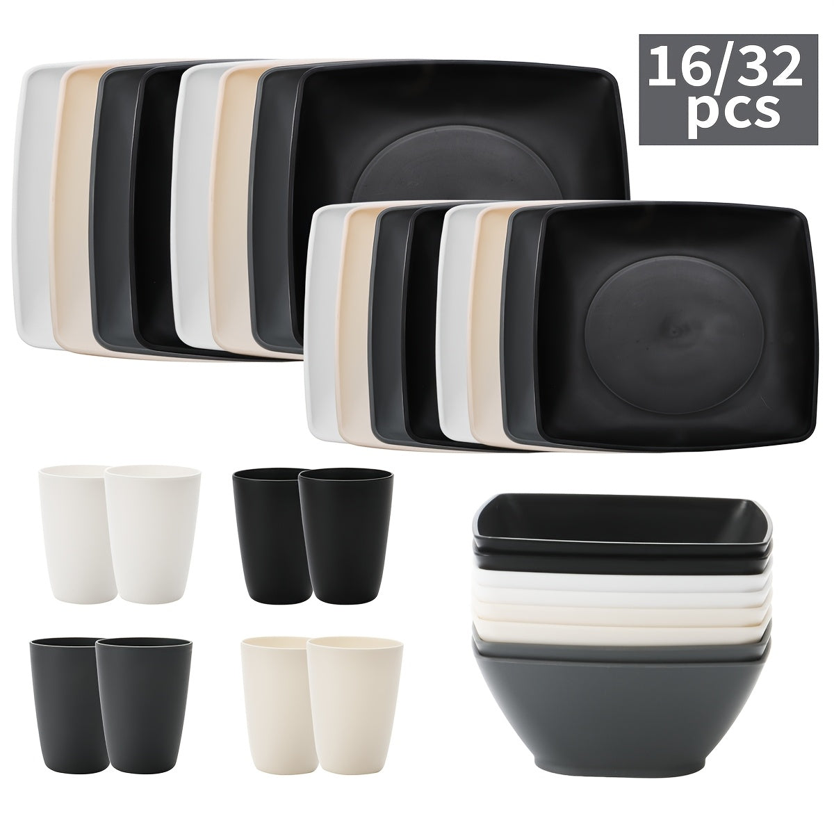 Set 16/32 Piese Veselă Pătrată din Plastic