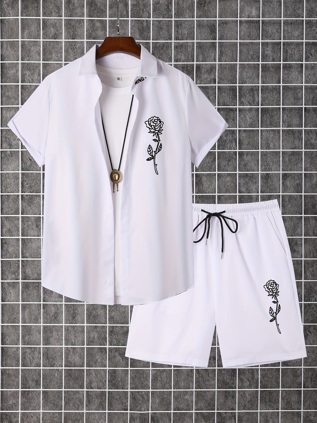 Men'S 2pcs Summer Set, Casual Print Short Sleeve Button- Shirt and Shorts
