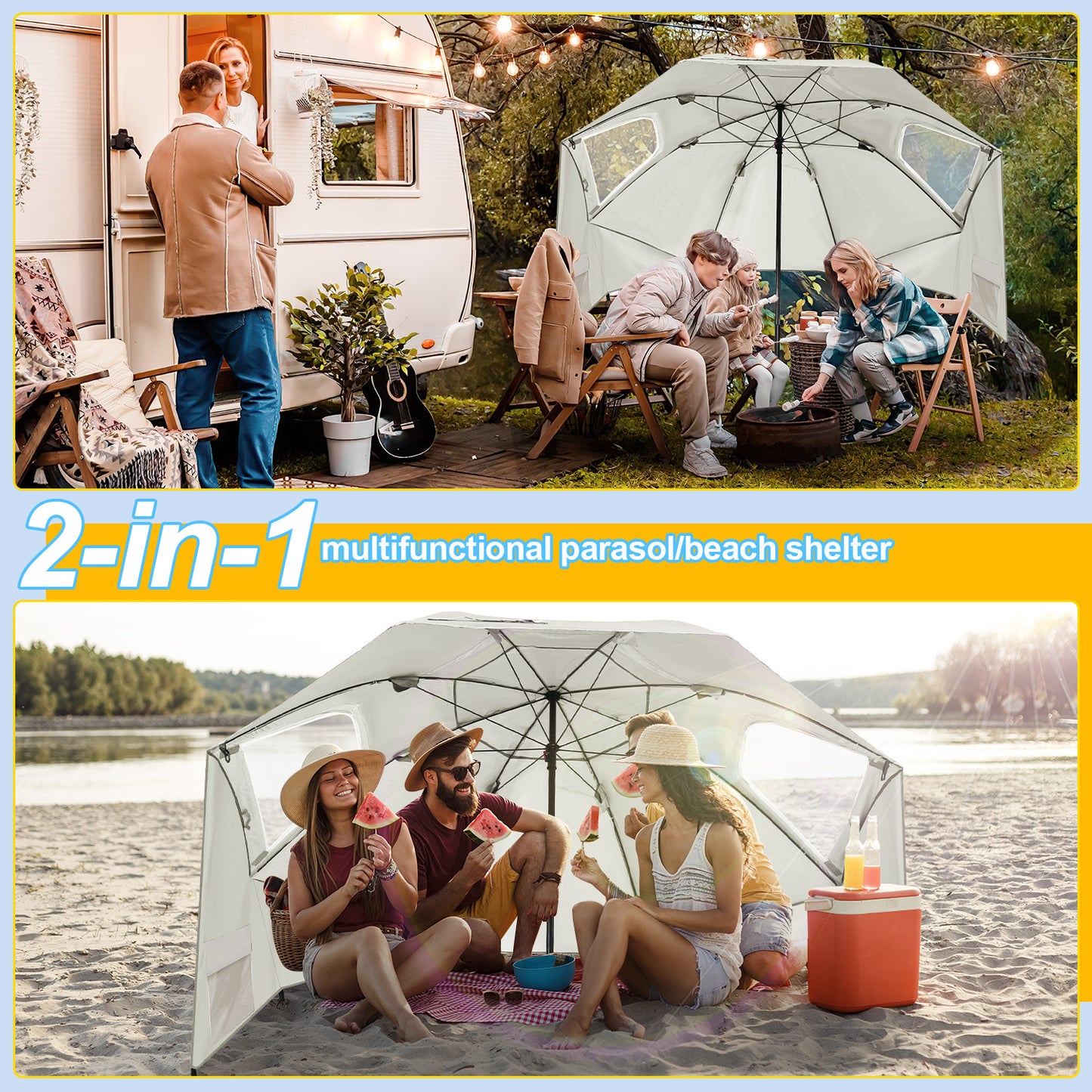 Parasols 2-in-1 Beach Tent Umbrella Heavy-Duty Sun Shelter