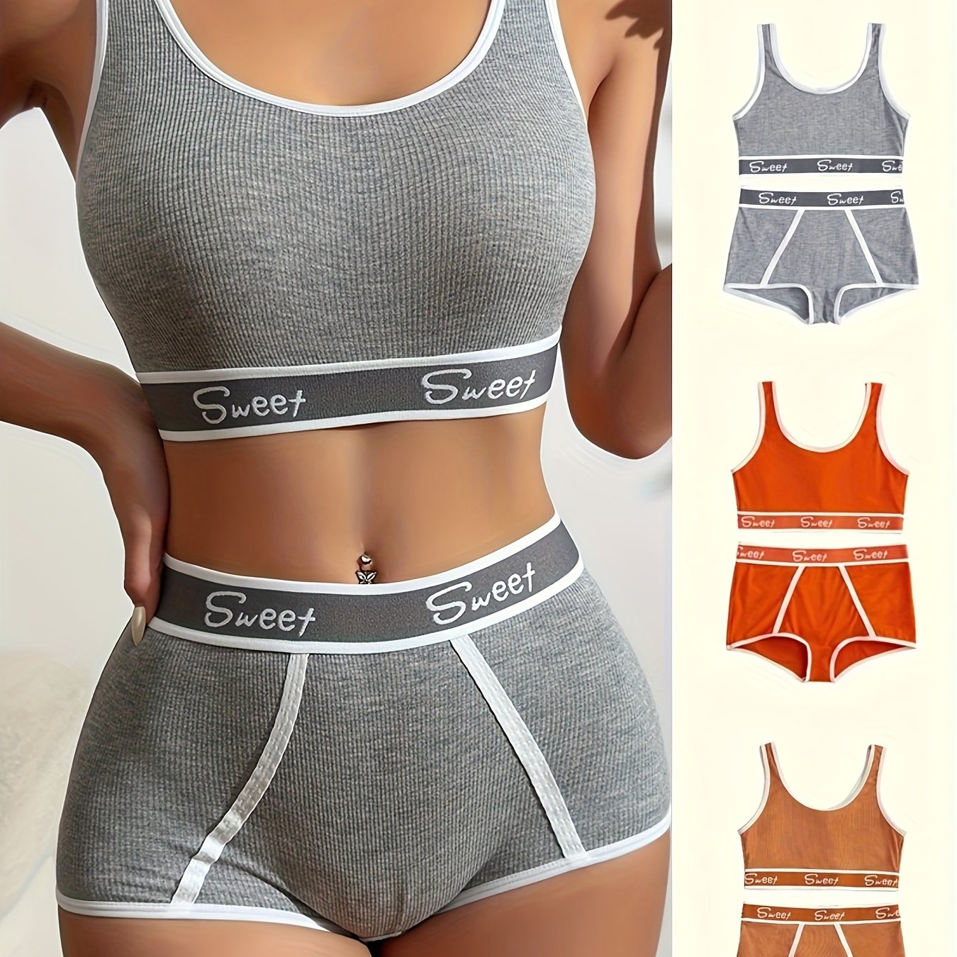 3 Set Sporty Letter Contrast Trim Bra & Shorts Panty