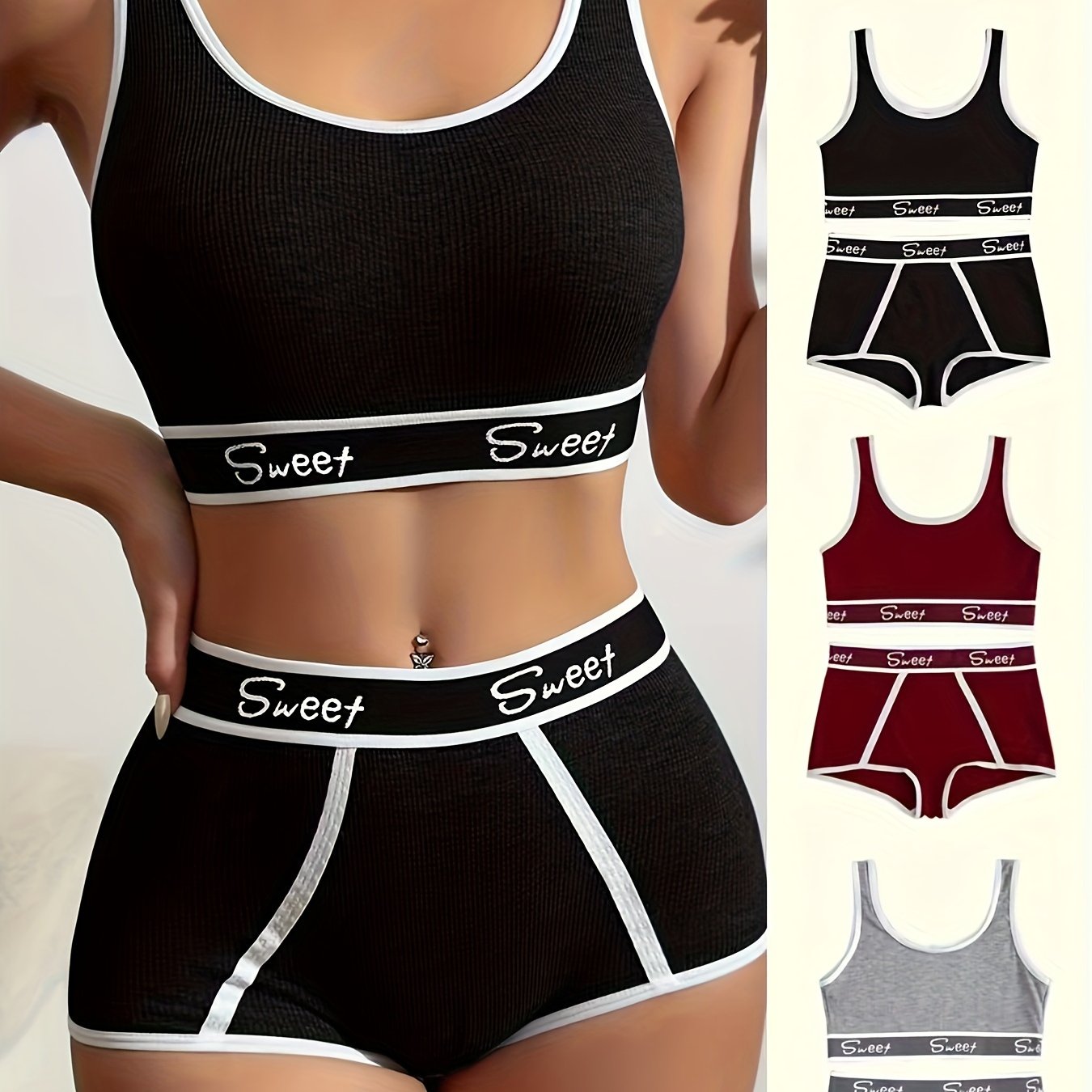 3 Set Sporty Letter Contrast Trim Bra & Shorts Panty