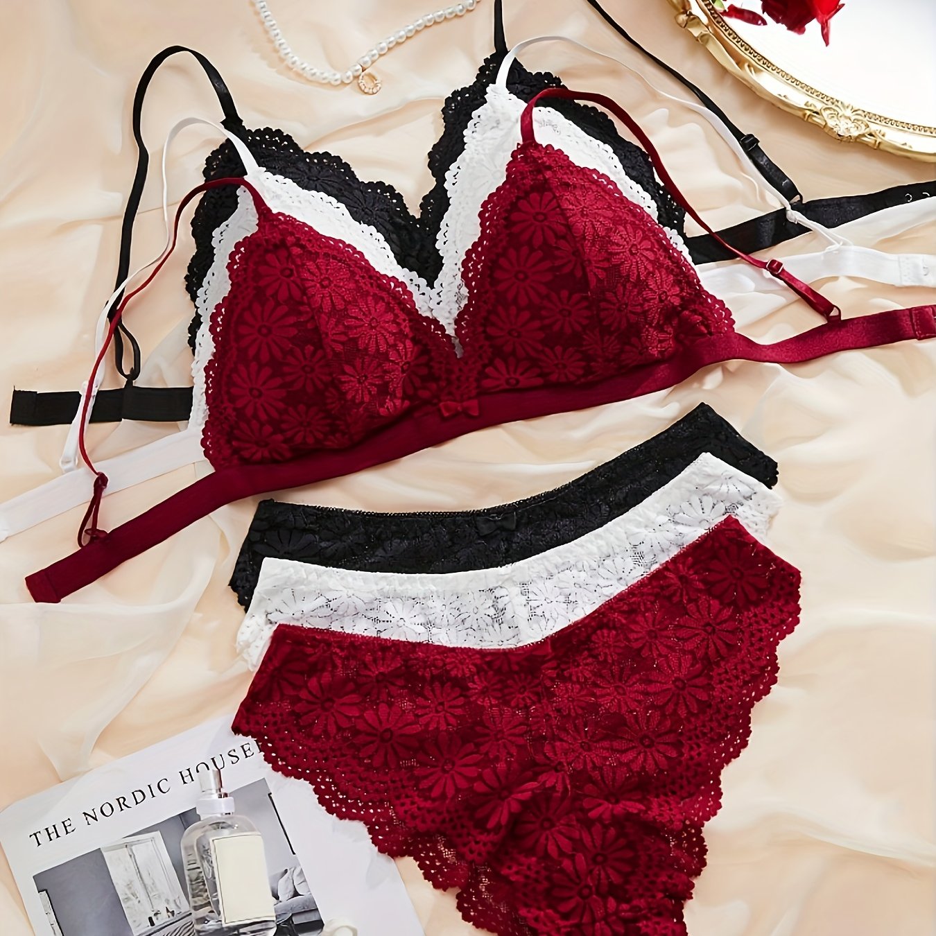 3pcs Comfortable & Breathable Lace Bra Set with Scallop Embellishments