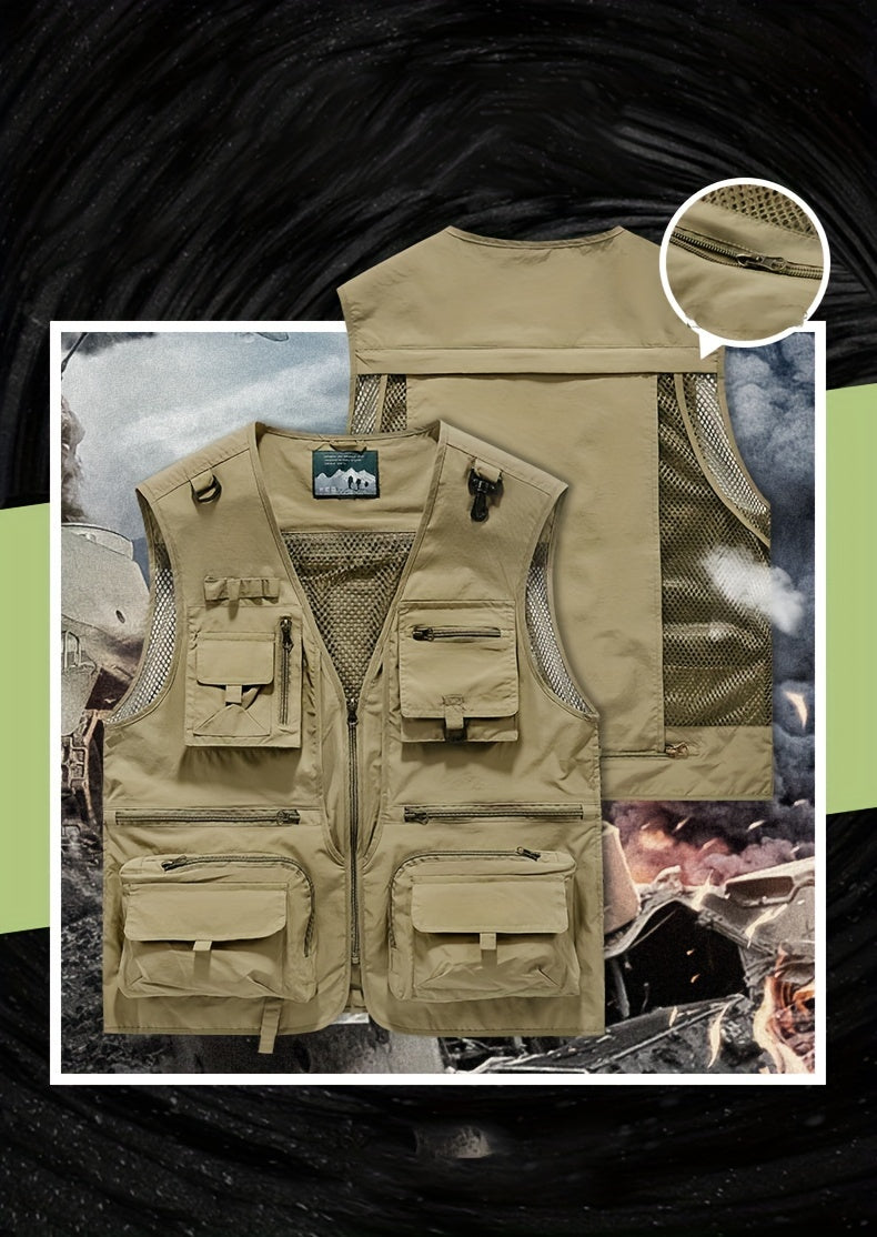 Men's Trendy Zip Up V Neck Vest With Zipper Multi-Pocket