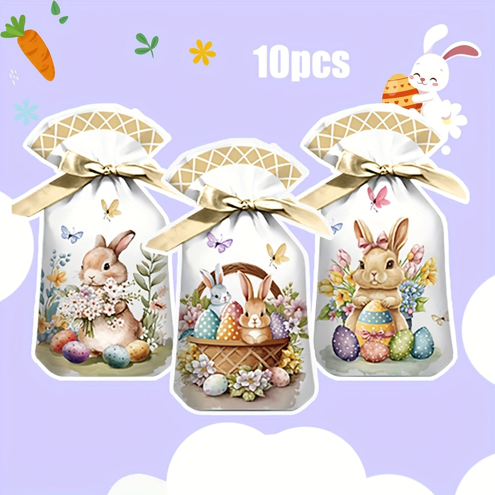 10pcs New Easter Series Drawstring Gift Bags with Cartoon Bunny and Easter Egg Prints