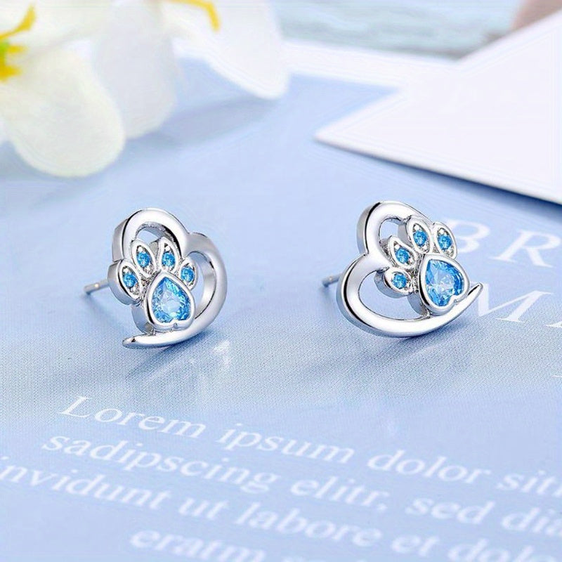 Sterling 925 Silver Hypoallergenic Ear Jewelry Hollow Heart Shape Paw Pattern
