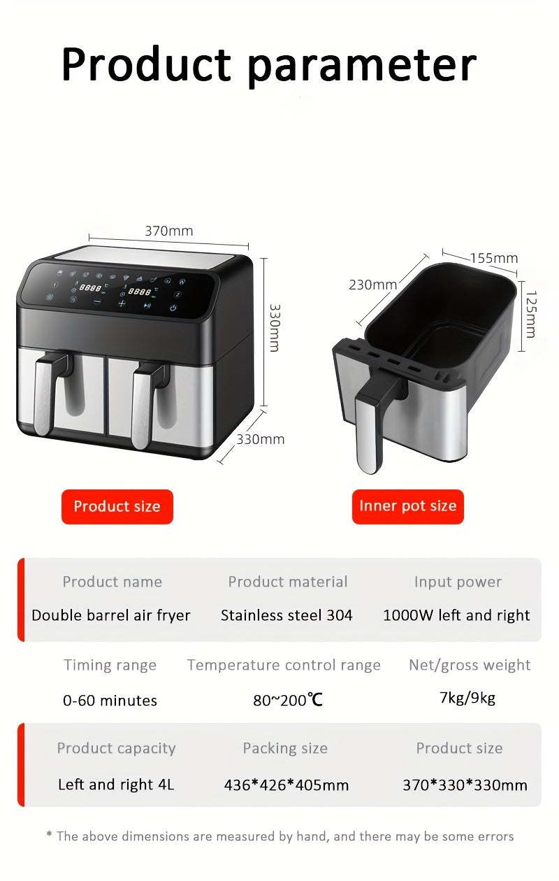 Double Layer Hot Air Fryer, 2 Coșuri de 4L