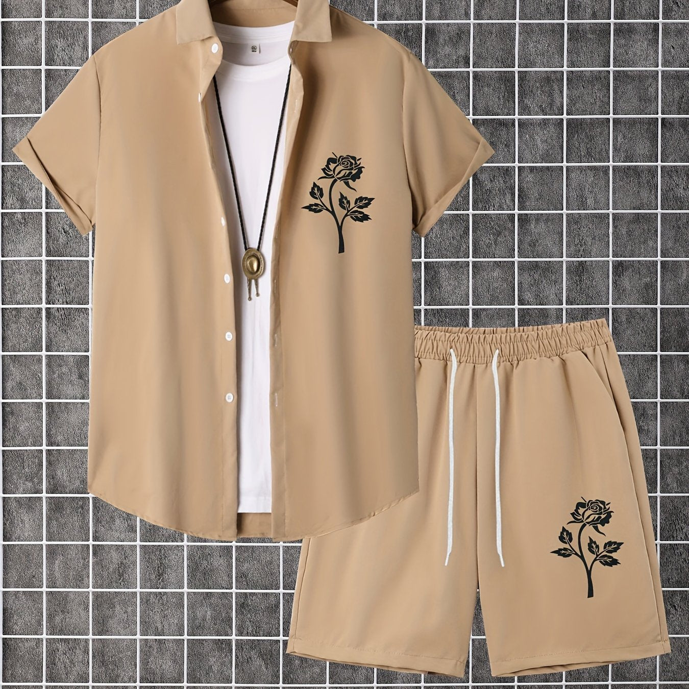 Men'S 2pcs Summer Set, Casual Print Short Sleeve Button- Shirt and Shorts