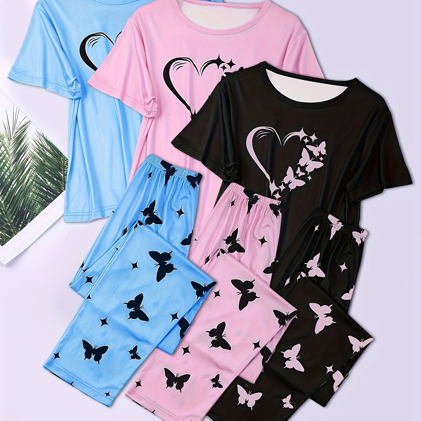 Three-piece Set Short Sleeve Shorts Suit Pajamas Home Clothes Set Love Butterfly