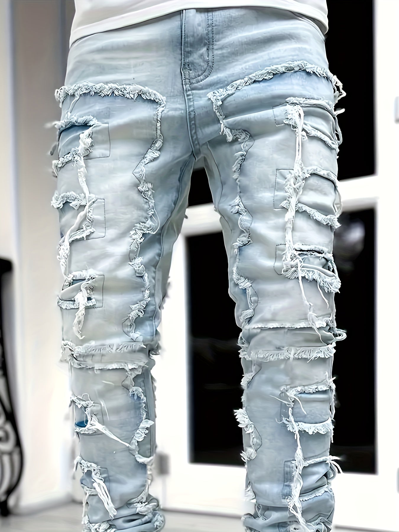 Creative Raw Trim Jeans, Men's Casual Street Style Medium Stretch Denim Pants