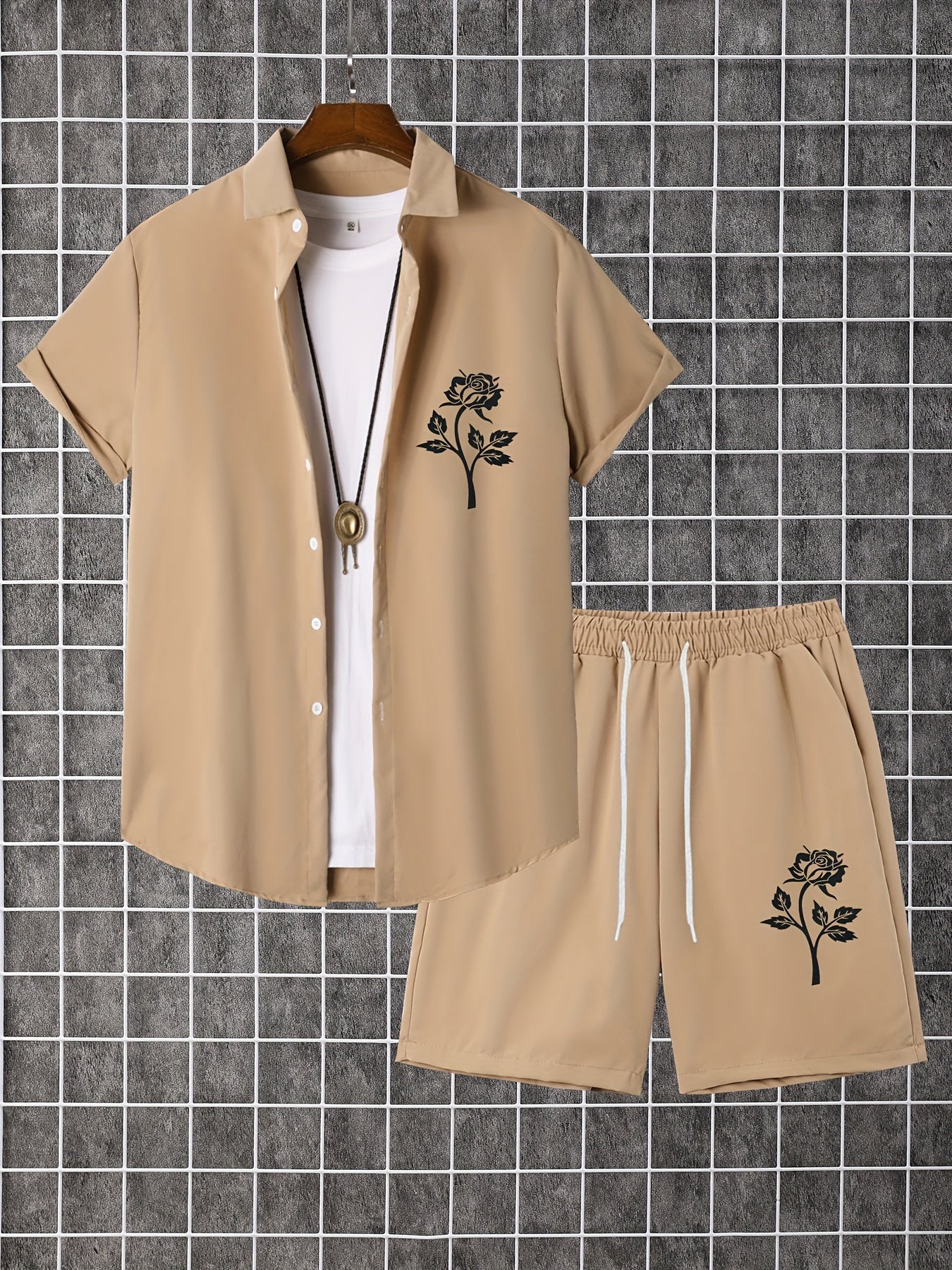 Men'S 2pcs Summer Set, Casual Print Short Sleeve Button- Shirt and Shorts