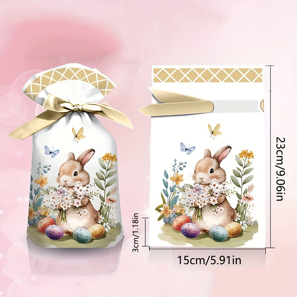 10pcs New Easter Series Drawstring Gift Bags with Cartoon Bunny and Easter Egg Prints