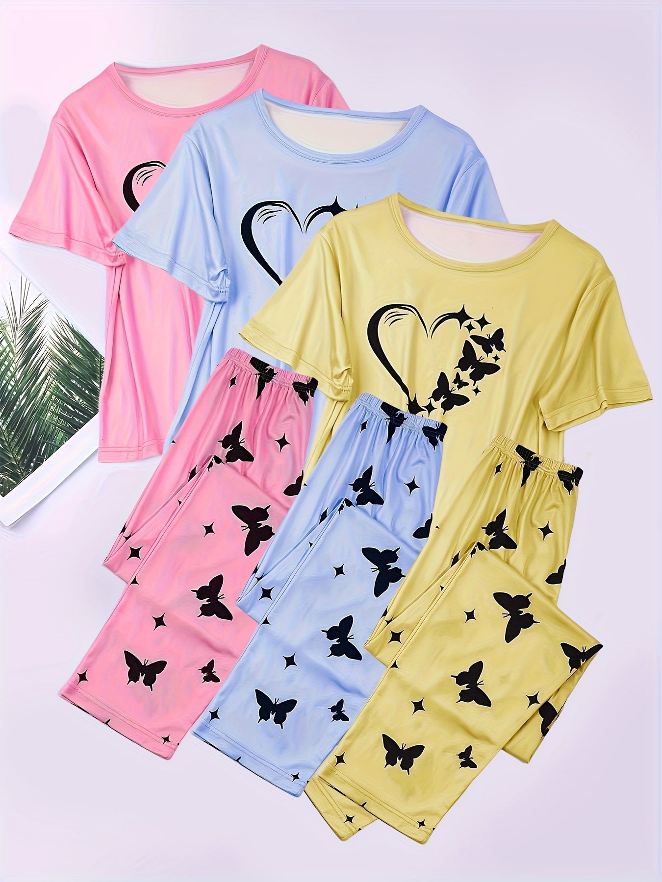 Three-piece Set Short Sleeve Shorts Suit Pajamas Home Clothes Set Love Butterfly