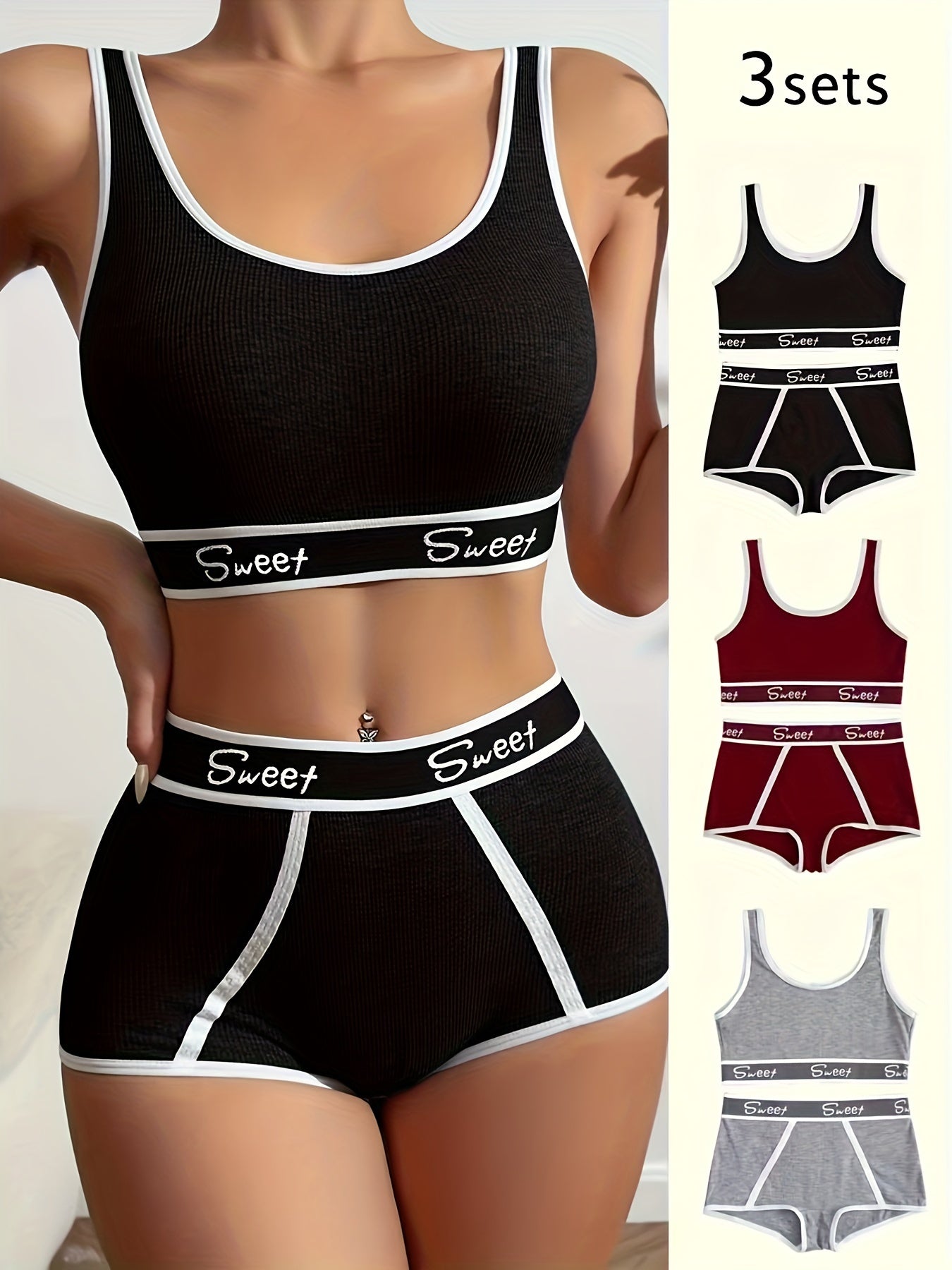 3 Set Sporty Letter Contrast Trim Bra & Shorts Panty