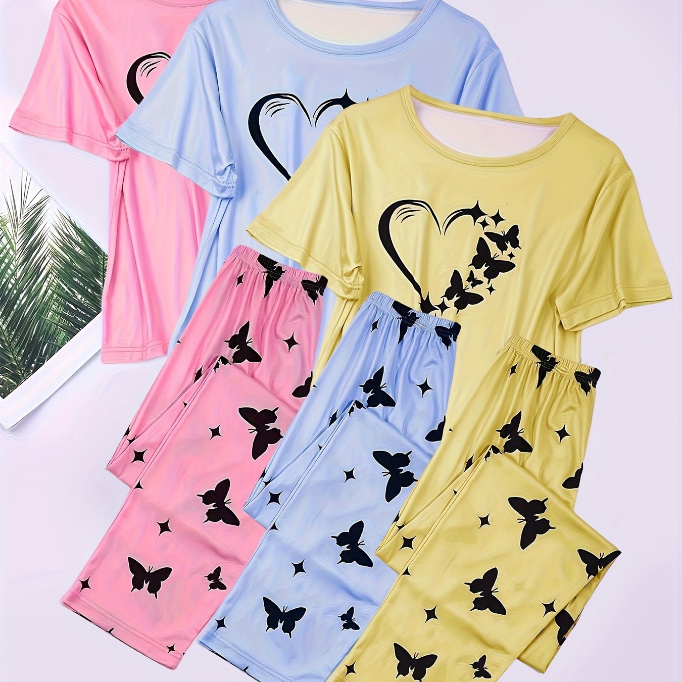 Three-piece Set Short Sleeve Shorts Suit Pajamas Home Clothes Set Love Butterfly