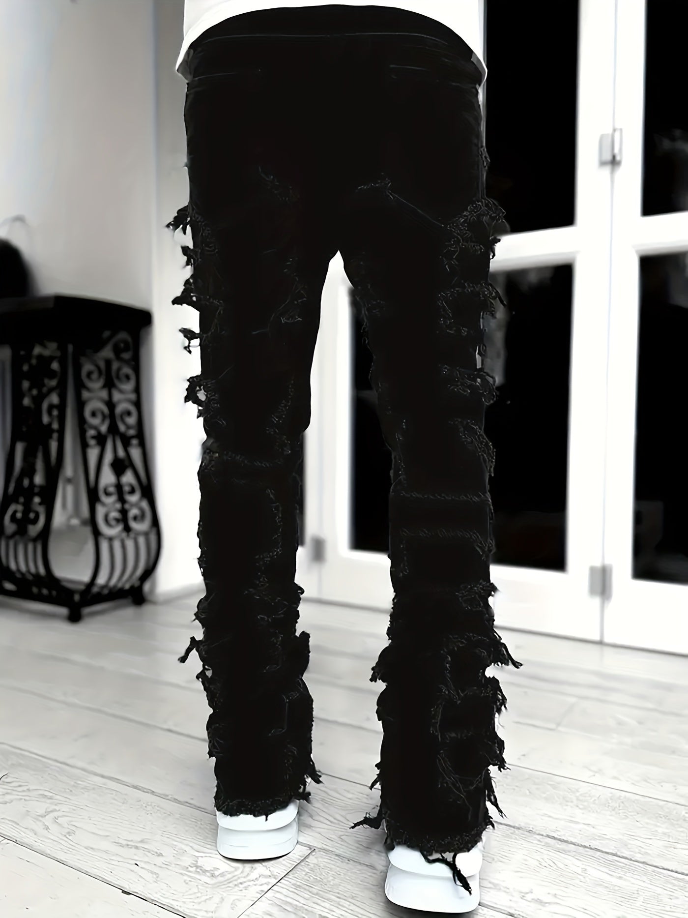 Creative Raw Trim Jeans, Men's Casual Street Style Medium Stretch Denim Pants