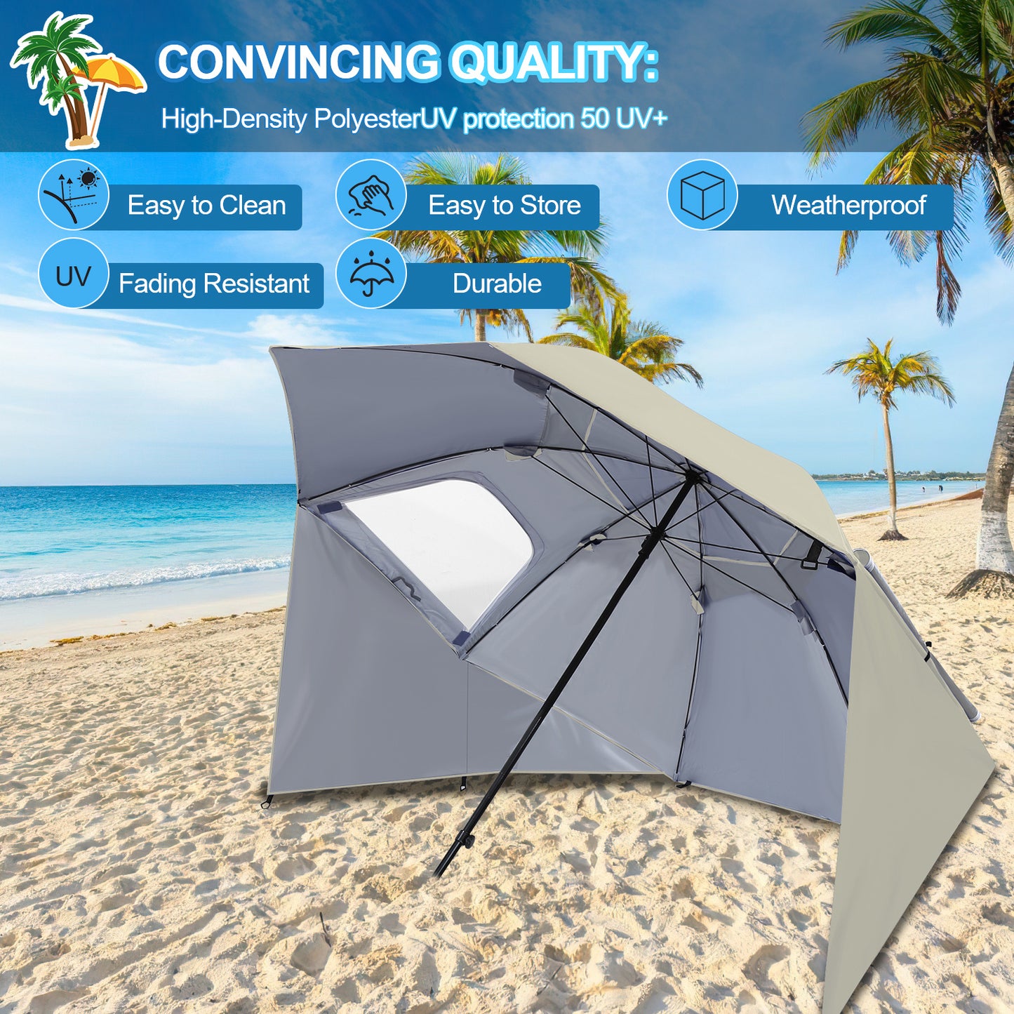 Parasols 2-in-1 Beach Tent Umbrella Heavy-Duty Sun Shelter