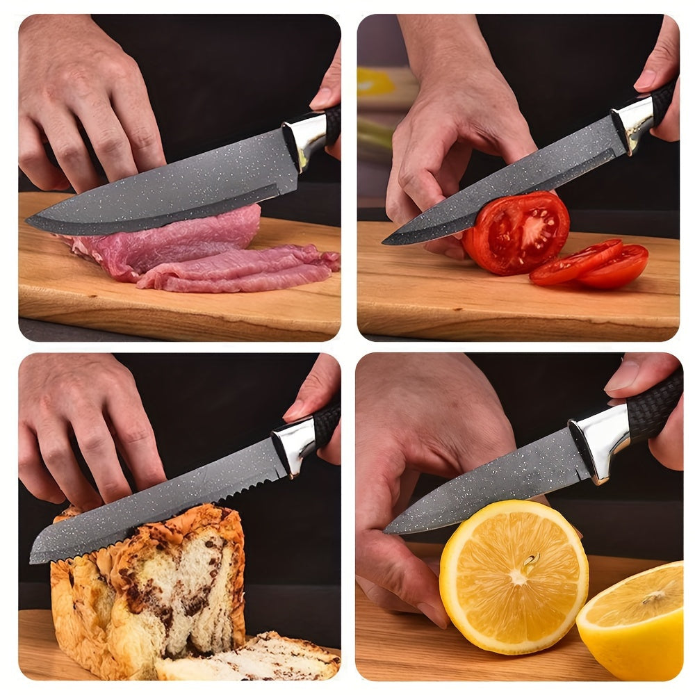 Set Cuțite Profesionale 7 piese – Lame Forjate Titan Negru cu Suport Lemn