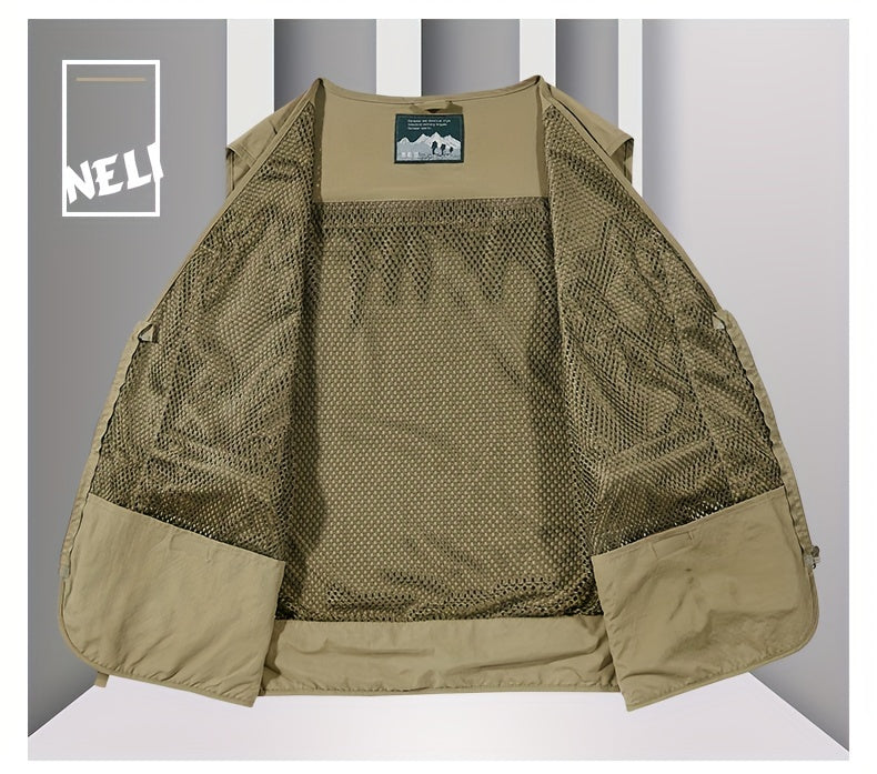 Men's Trendy Zip Up V Neck Vest With Zipper Multi-Pocket