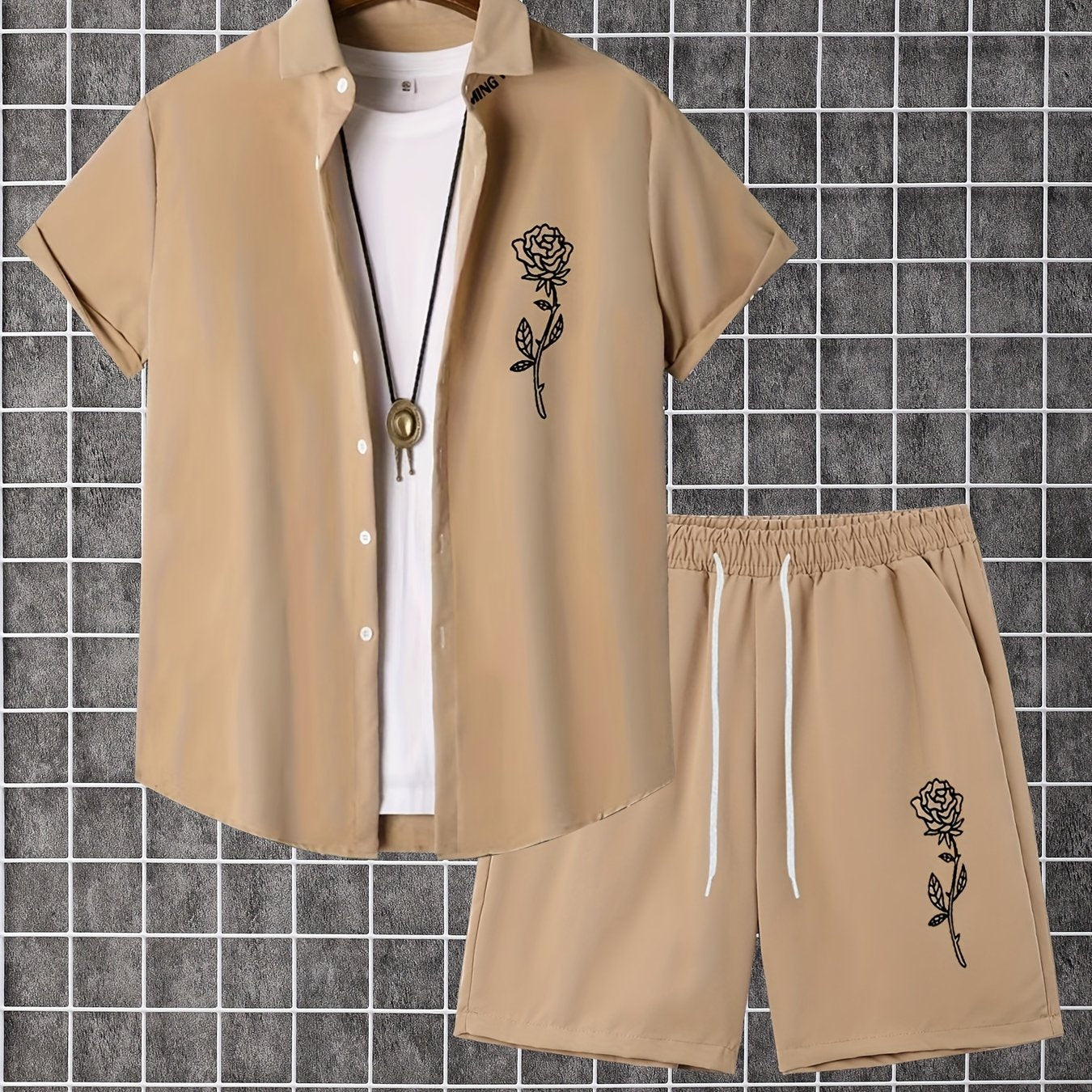 Men'S 2pcs Summer Set, Casual Print Short Sleeve Button- Shirt and Shorts