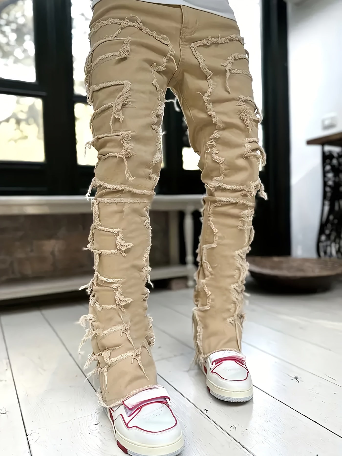Creative Raw Trim Jeans, Men's Casual Street Style Medium Stretch Denim Pants