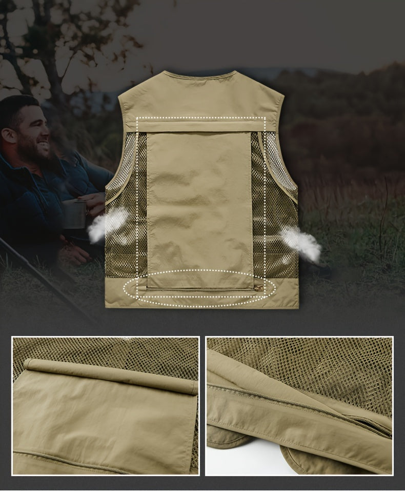 Men's Trendy Zip Up V Neck Vest With Zipper Multi-Pocket