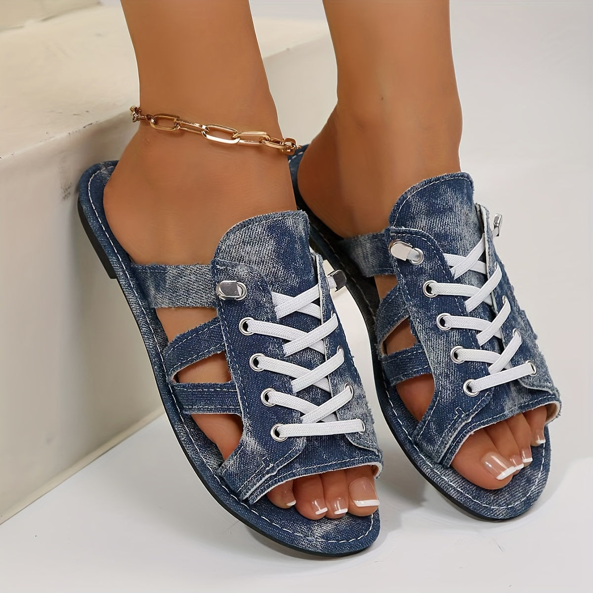 1 Pair Women'S Fashion Denim Flat Sandals