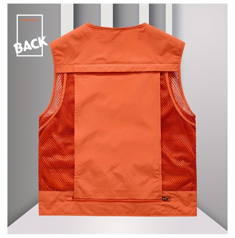 Men's Trendy Zip Up V Neck Vest With Zipper Multi-Pocket