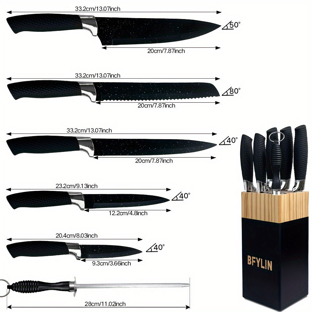 Set Cuțite Profesionale 7 piese – Lame Forjate Titan Negru cu Suport Lemn