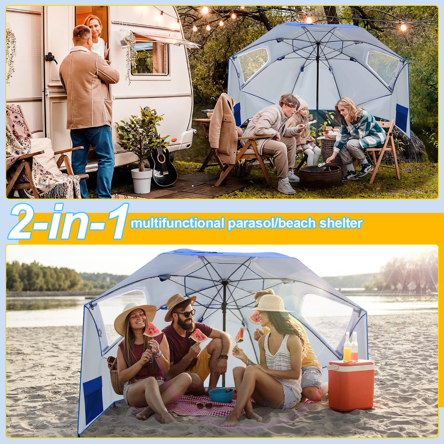 Parasols 2-in-1 Beach Tent Umbrella Heavy-Duty Sun Shelter