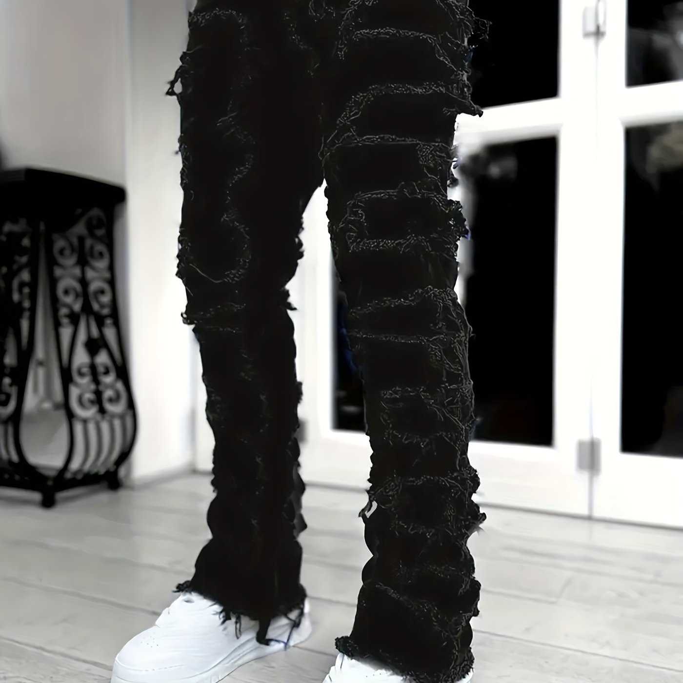 Creative Raw Trim Jeans, Men's Casual Street Style Medium Stretch Denim Pants