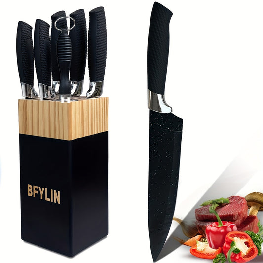 Set Cuțite Profesionale 7 piese – Lame Forjate Titan Negru cu Suport Lemn