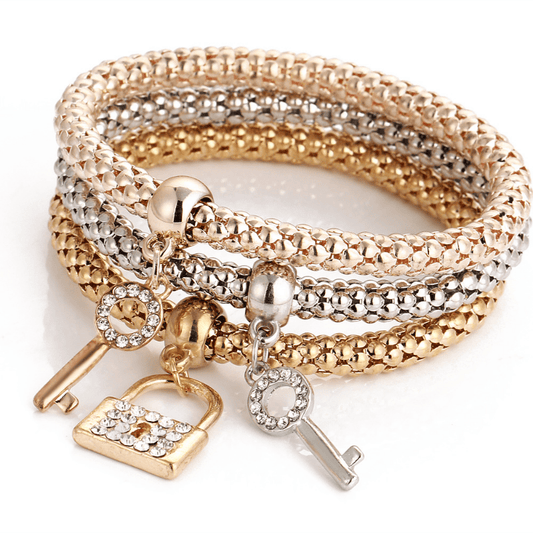 3 Pcs Stackable Bracelet Set With Lock & Key Shape Pendant