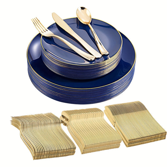 Set 50/100 Piese Veselă Albastră cu Margine Aurie