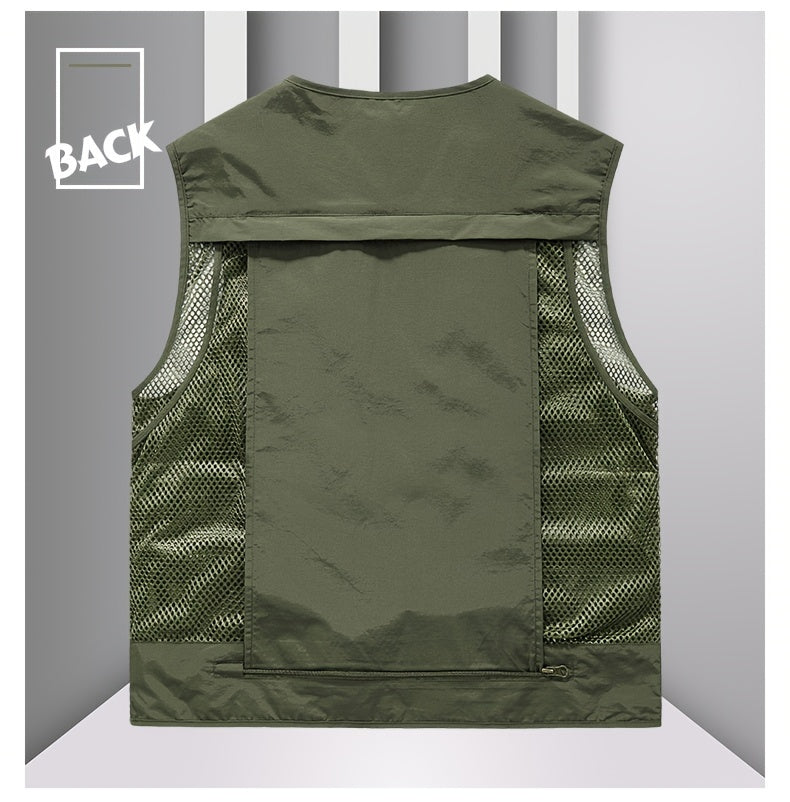 Men's Trendy Zip Up V Neck Vest With Zipper Multi-Pocket
