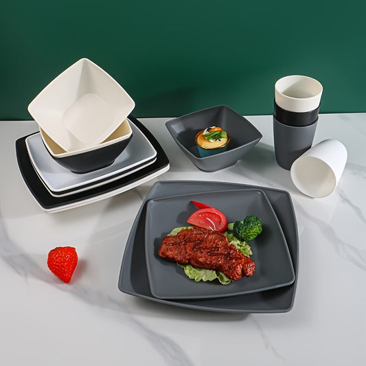 Set 16/32 Piese Veselă Pătrată din Plastic