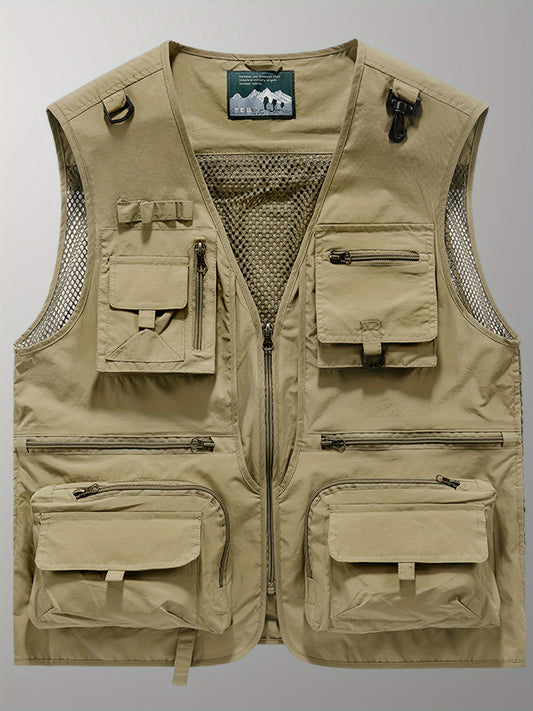Men's Trendy Zip Up V Neck Vest With Zipper Multi-Pocket