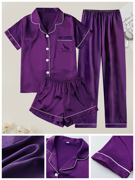 Women's Solid Satin Casual Pajama Set