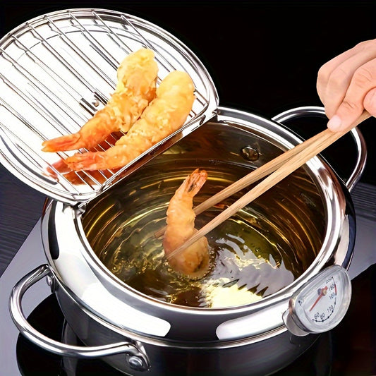 Tempura Deep Fry Pot, Thickened Stainless Steel Tempura Fryer With Thermometer
