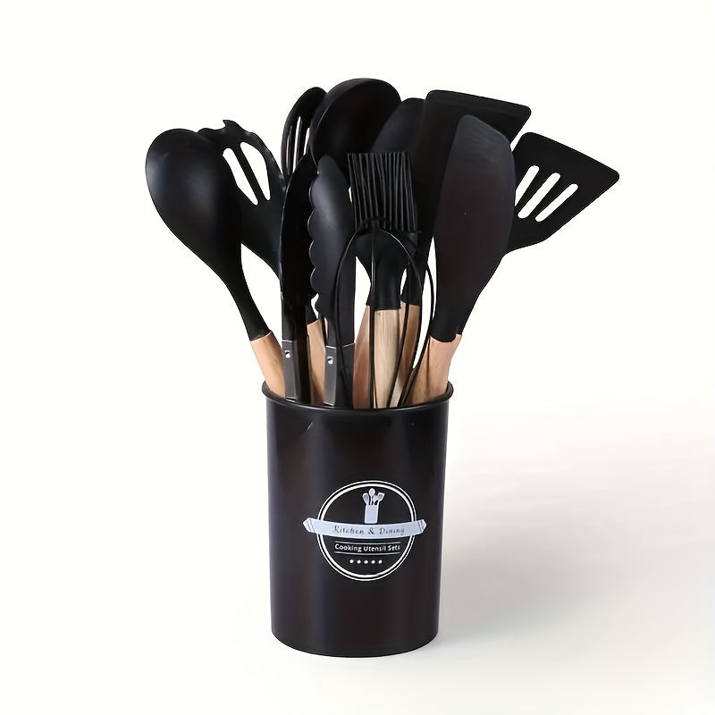 Set Utensile de Bucătărie din Silicon cu Mânere din Lemn