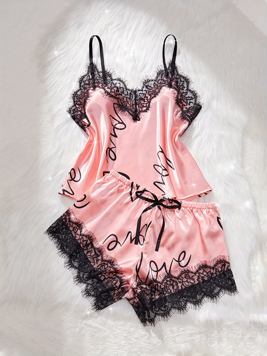 Contrast Lace Letter Print Pajamas Set