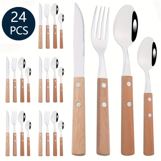 Set Tacâmuri 24 piese cu Mâner din Lemn