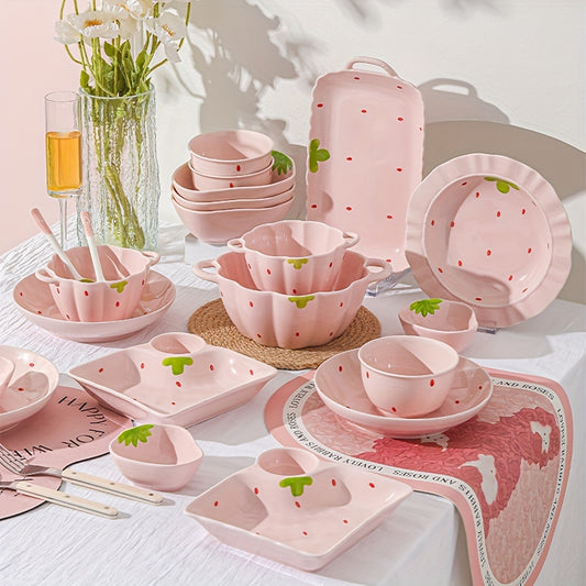Set 7 Piese Veselă Ceramică cu Căpșuni Roz
