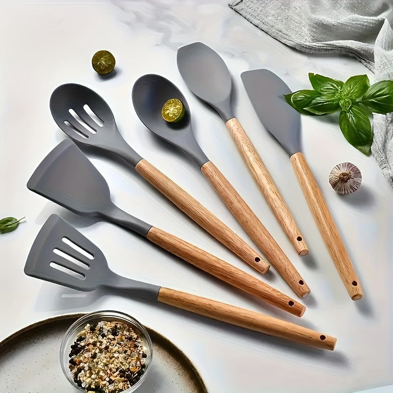 Set Utensile de Bucătărie din Silicon cu Mânere din Lemn