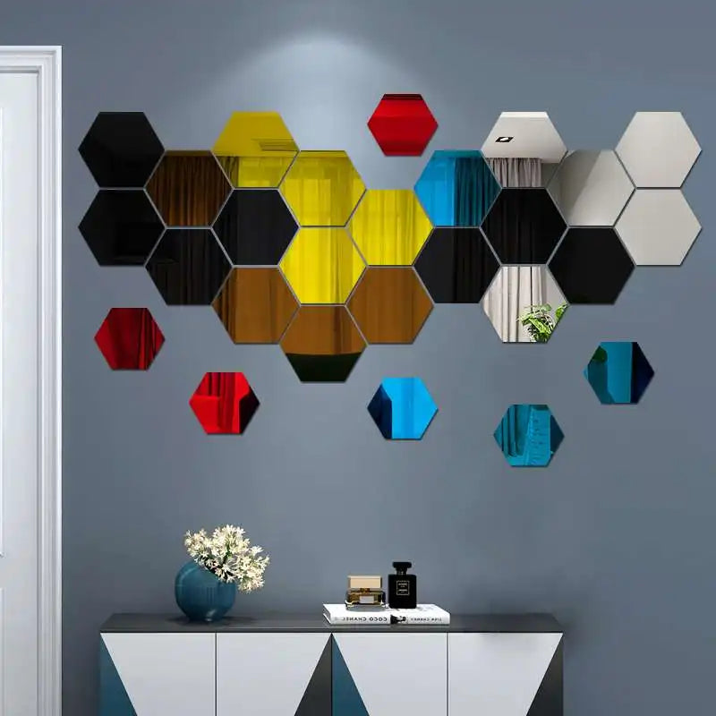 6/12pcs 3D Mirror Wall Sticker Hexagon