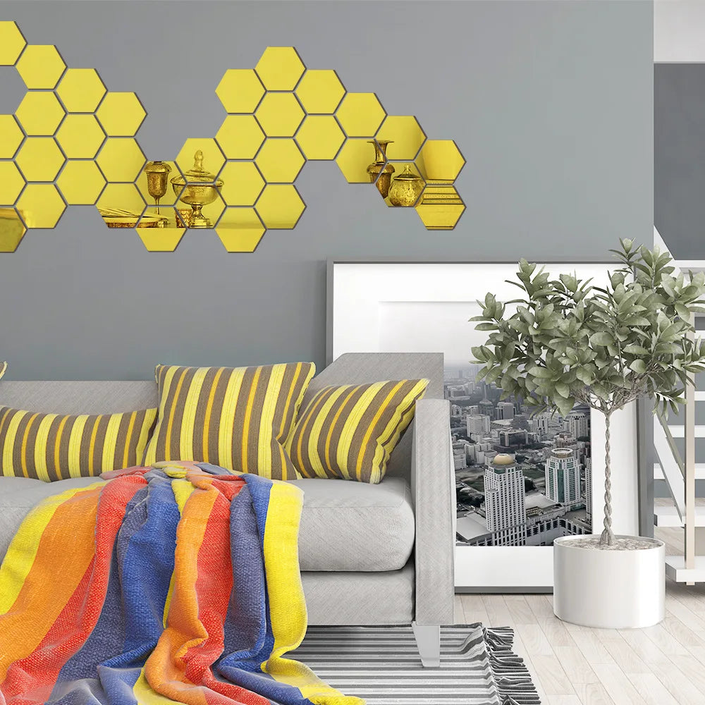 6/12pcs 3D Mirror Wall Sticker Hexagon