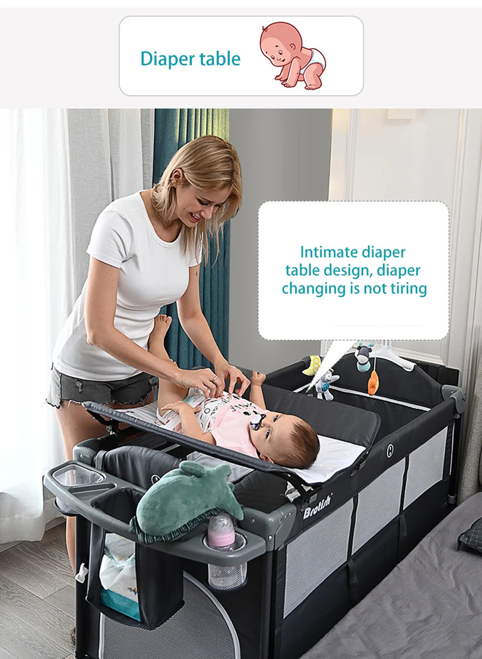 Portable Cribs for Baby with Diaper Table