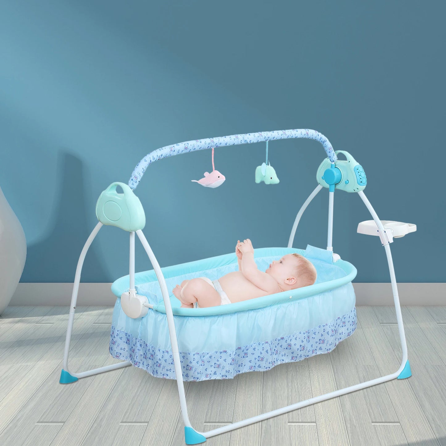 Infant Swing with 12 Built-in Music Tracks, Mosquito Net, Soft Pillow, and Thick Mattress