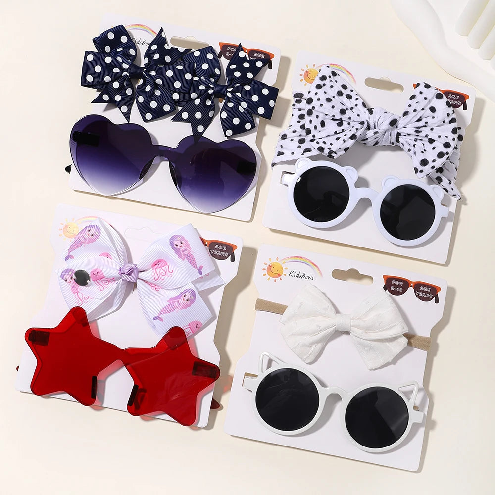 4set Baby Bows Headband Cartoon Sunglasses