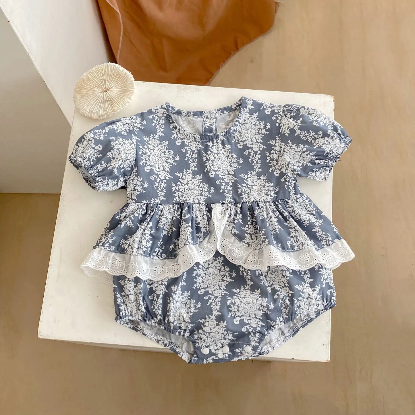 Baby Girl's Summer Floral Shred Lace Romper.