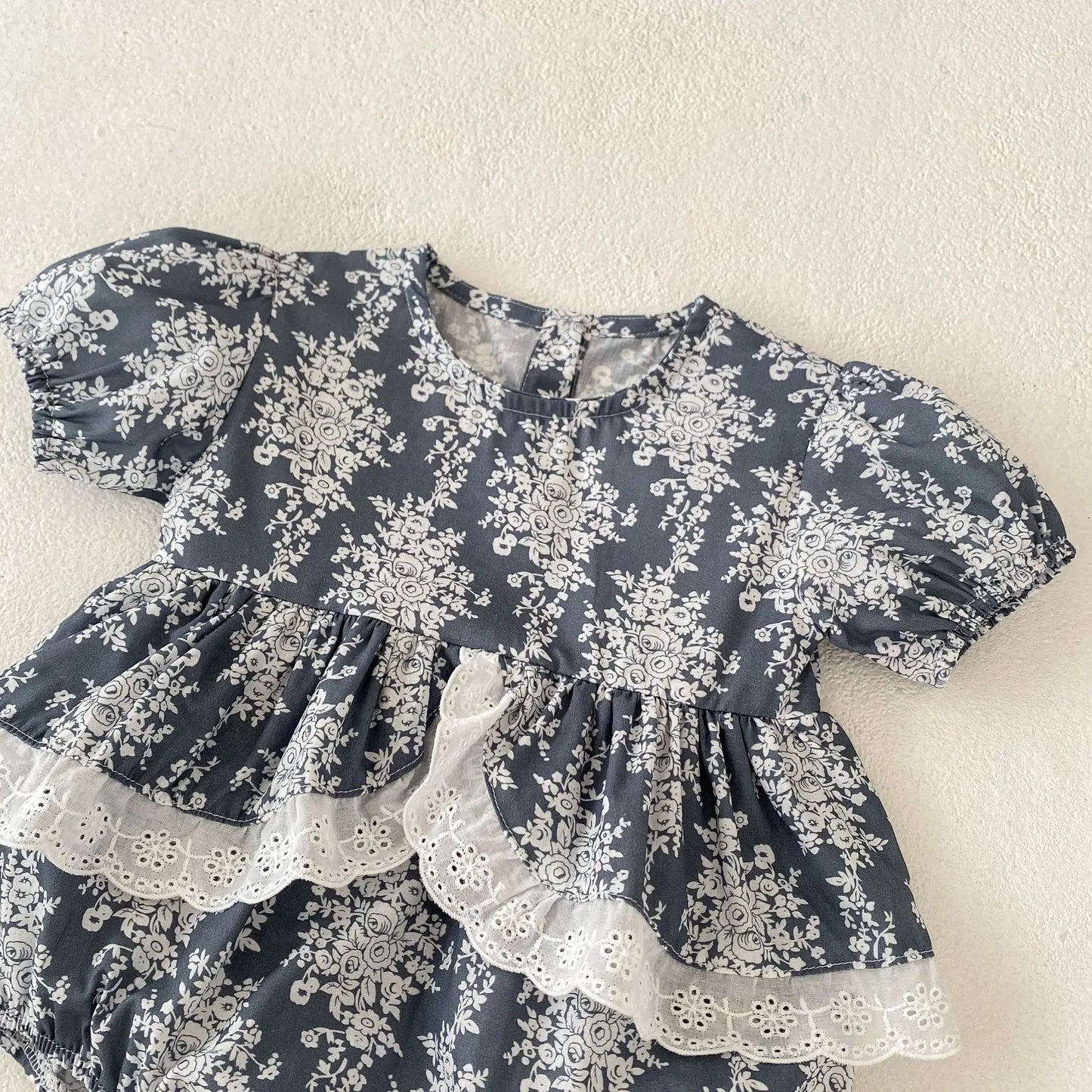 Baby Girl's Summer Floral Shred Lace Romper.